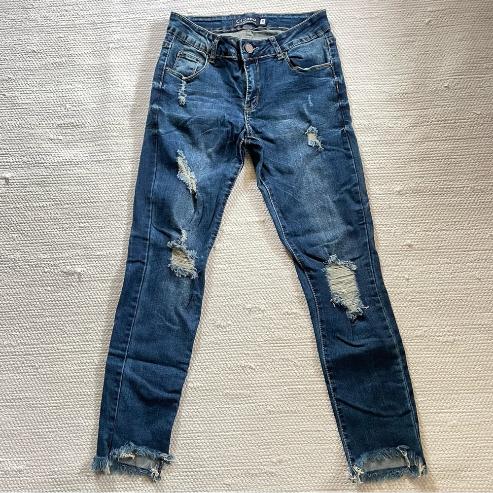 Ci Sono Women's Blue Denim Distressed 5 Pockets Jeans Pants Size 5/27 Frayed Hem